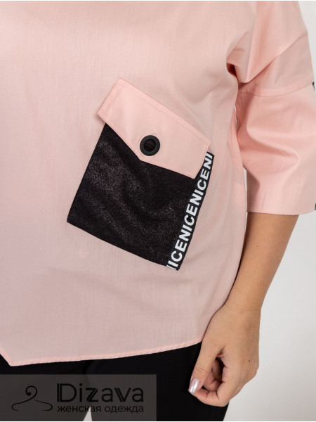 Блуза розовая с черным карманом